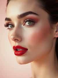 close-up of Elegant profile shot of a woman with classic Hollywood makeup, featuring bold eyebrows and red lips. set against a soft, pastel background