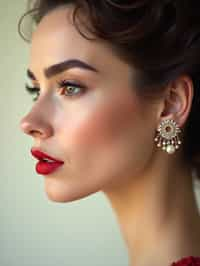 close-up of Elegant profile shot of a woman with classic Hollywood makeup, featuring bold eyebrows and red lips. set against a soft, pastel background