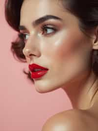 close-up of Elegant profile shot of a woman with classic Hollywood makeup, featuring bold eyebrows and red lips. set against a soft, pastel background