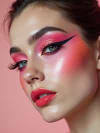 close-up of Model with an avant-garde makeup look, including graphic eyeliner shapes and vibrant cheek colors. set against a soft, pastel background