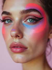 close-up of Model with an avant-garde makeup look, including graphic eyeliner shapes and vibrant cheek colors. set against a soft, pastel background