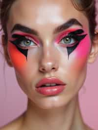 close-up of Model with an avant-garde makeup look, including graphic eyeliner shapes and vibrant cheek colors. set against a soft, pastel background