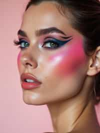 close-up of Model with an avant-garde makeup look, including graphic eyeliner shapes and vibrant cheek colors. set against a soft, pastel background