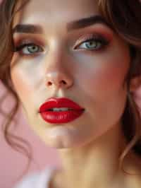 close-up of Model with a bold red lipstick and smokey eye makeup, set against a soft, pastel background