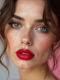 close-up of Model with a bold red lipstick and smokey eye makeup, set against a soft, pastel background