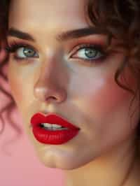 close-up of Model with a bold red lipstick and smokey eye makeup, set against a soft, pastel background