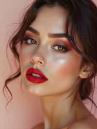 close-up of Model with a bold red lipstick and smokey eye makeup, set against a soft, pastel background