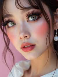 close-up of woman showcasing an Korean-style manga makeup look on woman, featuring oversized, dramatically long eyelashes that create a wide-eyed, whimsical appearance. The look is completed with bold, graphic eyeliner and a subtle blush to enhance the youthful and playful vibe. set against a soft, pastel background