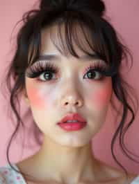 close-up of woman showcasing an Korean-style manga makeup look on woman, featuring oversized, dramatically long eyelashes that create a wide-eyed, whimsical appearance. The look is completed with bold, graphic eyeliner and a subtle blush to enhance the youthful and playful vibe. set against a soft, pastel background