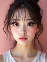 close-up of woman showcasing an Korean-style manga makeup look on woman, featuring oversized, dramatically long eyelashes that create a wide-eyed, whimsical appearance. The look is completed with bold, graphic eyeliner and a subtle blush to enhance the youthful and playful vibe. set against a soft, pastel background