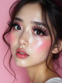 close-up of woman showcasing an Korean-style manga makeup look on woman, featuring oversized, dramatically long eyelashes that create a wide-eyed, whimsical appearance. The look is completed with bold, graphic eyeliner and a subtle blush to enhance the youthful and playful vibe. set against a soft, pastel background