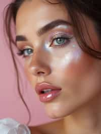 close-up of woman with glittery eye shadow and high-shine gloss, set against a soft, pastel background