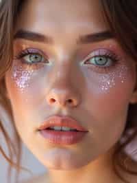 close-up of woman with glittery eye shadow and high-shine gloss, set against a soft, pastel background