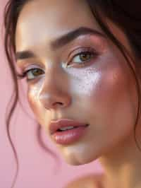 close-up of woman with glittery eye shadow and high-shine gloss, set against a soft, pastel background