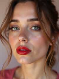 close up of woman with a bold red lipstick and smokey eye makeup. set against a soft, pastel background