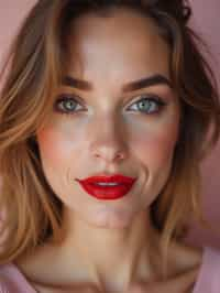 close up of woman with a bold red lipstick and smokey eye makeup. set against a soft, pastel background