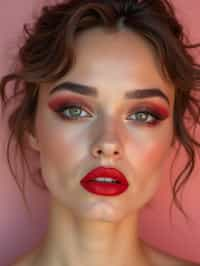 close up of woman with a bold red lipstick and smokey eye makeup. set against a soft, pastel background