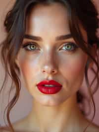 close up of woman with a bold red lipstick and smokey eye makeup. set against a soft, pastel background