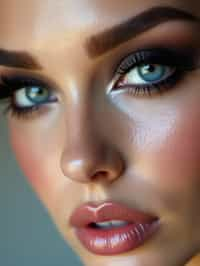 close up of woman with heavy smokey eye makeup, fake big eyelashes with lash lift.  dark black eyeshadow and thick eyeliner. contoured eyebrows. glossy reflective lipgloss. blue eye lenses. set against a soft, pastel background.