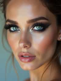 close up of woman with heavy smokey eye makeup, fake big eyelashes with lash lift.  dark black eyeshadow and thick eyeliner. contoured eyebrows. glossy reflective lipgloss. blue eye lenses. set against a soft, pastel background.