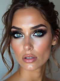 close up of woman with heavy smokey eye makeup, fake big eyelashes with lash lift.  dark black eyeshadow and thick eyeliner. contoured eyebrows. glossy reflective lipgloss. blue eye lenses. set against a soft, pastel background.