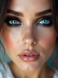 close up of woman with heavy smokey eye makeup, fake big eyelashes with lash lift.  dark black eyeshadow and thick eyeliner. contoured eyebrows. glossy reflective lipgloss. blue eye lenses. set against a soft, pastel background.