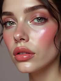 close up of woman with glossy reflective skin with blush and 3d lipgloss. soft pink eyeshadow. eyeliner.