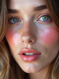 close up of woman with glossy reflective skin with blush and 3d lipgloss. soft pink eyeshadow. eyeliner.