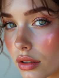 close up of woman with glossy reflective skin with blush and 3d lipgloss. soft pink eyeshadow. eyeliner.