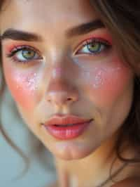 close up of woman with glossy reflective skin with blush and 3d lipgloss. soft pink eyeshadow. eyeliner.