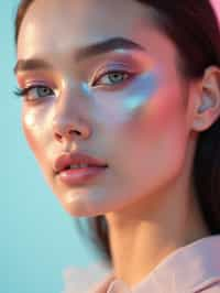 close-up of Futuristic makeup with metallic eyeshadow and sharp contouring. set against a soft, pastel background