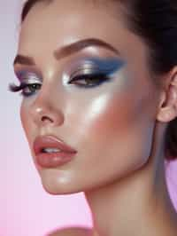 close-up of Futuristic makeup with metallic eyeshadow and sharp contouring. set against a soft, pastel background