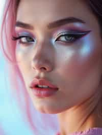 close-up of Futuristic makeup with metallic eyeshadow and sharp contouring. set against a soft, pastel background