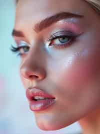 close-up of Futuristic makeup with metallic eyeshadow and sharp contouring. set against a soft, pastel background