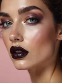 close-up of Edgy makeup look with dark, glossy lips and contoured cheeks. set against a soft, pastel background