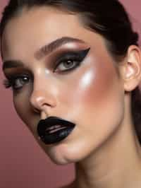 close-up of Edgy makeup look with dark, glossy lips and contoured cheeks. set against a soft, pastel background