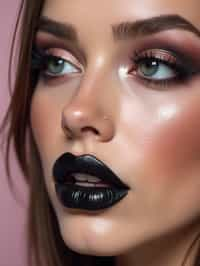 close-up of Edgy makeup look with dark, glossy lips and contoured cheeks. set against a soft, pastel background