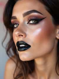 close-up of Edgy makeup look with dark, glossy lips and contoured cheeks. set against a soft, pastel background