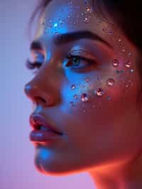 close-up of Artistic makeup with face jewels and iridescent highlighter, captured under a UV light for a glowing effect. set against a soft, pastel background