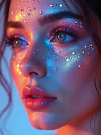 close-up of Artistic makeup with face jewels and iridescent highlighter, captured under a UV light for a glowing effect. set against a soft, pastel background