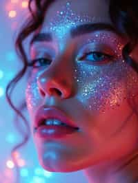 close-up of Artistic makeup with face jewels and iridescent highlighter, captured under a UV light for a glowing effect. set against a soft, pastel background