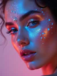 close-up of Artistic makeup with face jewels and iridescent highlighter, captured under a UV light for a glowing effect. set against a soft, pastel background