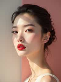 close-up of Elegant profile shot of a woman with classic Hollywood makeup, featuring bold eyebrows and red lips. set against a soft, pastel background