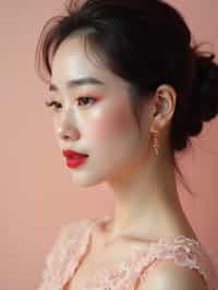 close-up of Elegant profile shot of a woman with classic Hollywood makeup, featuring bold eyebrows and red lips. set against a soft, pastel background