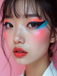 close-up of Model with an avant-garde makeup look, including graphic eyeliner shapes and vibrant cheek colors. set against a soft, pastel background