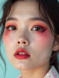 close-up of Model with an avant-garde makeup look, including graphic eyeliner shapes and vibrant cheek colors. set against a soft, pastel background