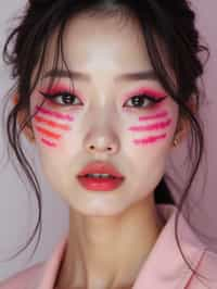 close-up of Model with an avant-garde makeup look, including graphic eyeliner shapes and vibrant cheek colors. set against a soft, pastel background