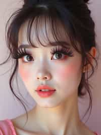 close-up of woman showcasing an Korean-style manga makeup look on woman, featuring oversized, dramatically long eyelashes that create a wide-eyed, whimsical appearance. The look is completed with bold, graphic eyeliner and a subtle blush to enhance the youthful and playful vibe. set against a soft, pastel background