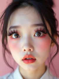 close-up of woman showcasing an Korean-style manga makeup look on woman, featuring oversized, dramatically long eyelashes that create a wide-eyed, whimsical appearance. The look is completed with bold, graphic eyeliner and a subtle blush to enhance the youthful and playful vibe. set against a soft, pastel background