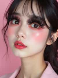 close-up of woman showcasing an Korean-style manga makeup look on woman, featuring oversized, dramatically long eyelashes that create a wide-eyed, whimsical appearance. The look is completed with bold, graphic eyeliner and a subtle blush to enhance the youthful and playful vibe. set against a soft, pastel background